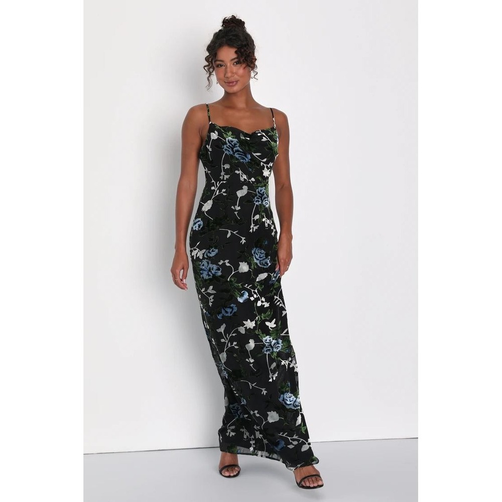 Lulus Maxi Dress Womens Medium Black Floral Velvet Burnout Cowl Neck Gown